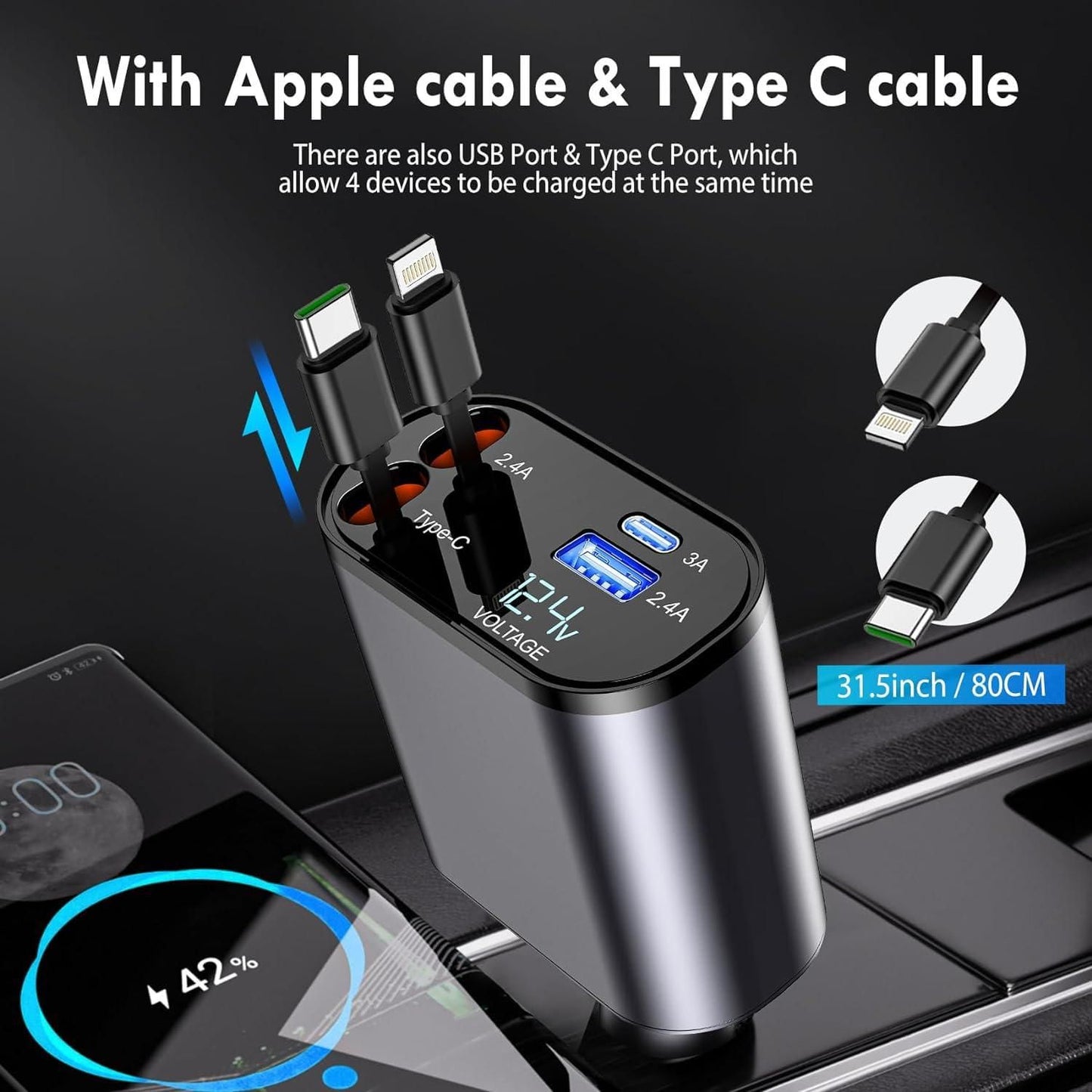 Retractable Car Charger – Tangle-Free Fast Charging On the Go